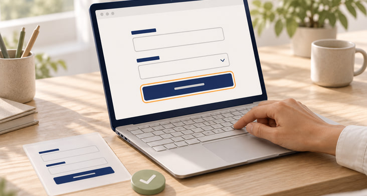 Using a laptop form with the keyboard, with an orange focus outline around the active button.