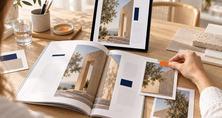 Ein Architekturmagazin und seine digitale Ausgabe auf einem Tablet verbinden redaktionelle Inhalte mit individueller Gestaltung