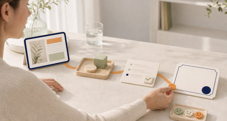 Eine Lernende folgt einem digitalen Lernweg bis zu Prüfung, Zertifikat und Feedback