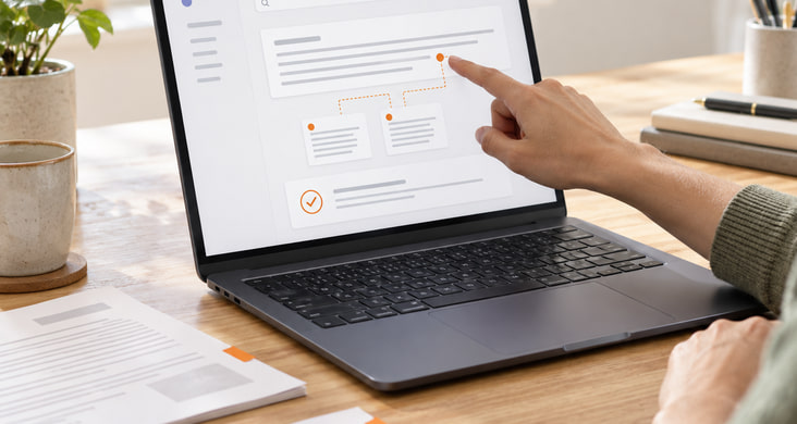 An illustration of AI-assisted knowledge search: a person reviews an answer and its source documents in a web application.