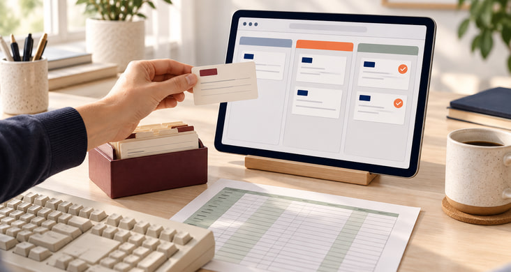 A record moves from a card-based filing system into a web application, beside a spreadsheet and an older keyboard.