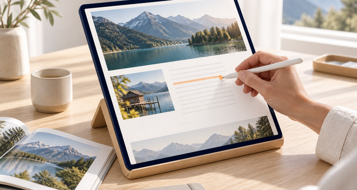 Ein Text wird mit einem Stift direkt in der Seitenansicht auf einem Tablet markiert – Bildmotiv für Inline-Editing