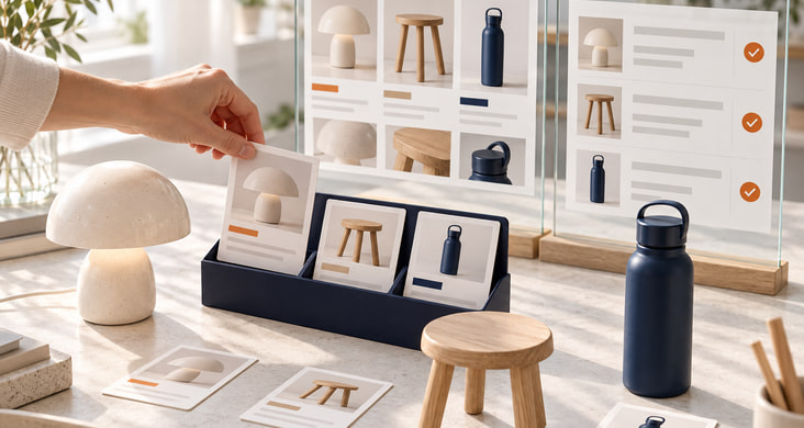 Product cards supplying a catalogue and a separate ordering interface from the same data