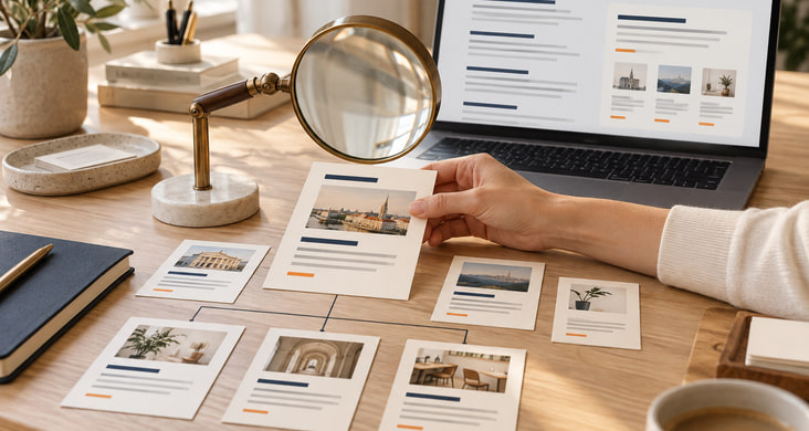 An illustration of onsite optimisation: structured content cards and a search interface on a light studio desk.