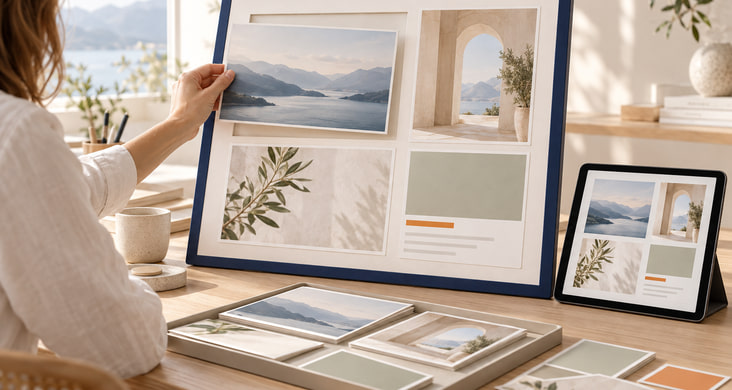 An editor adds an image block to a page layout, with the assembled page displayed on a tablet