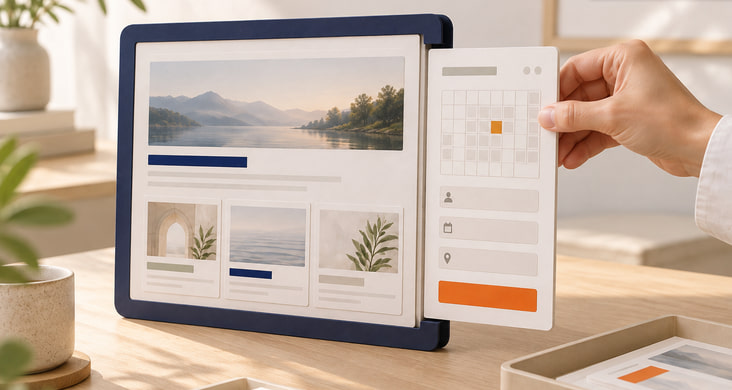 A booking module with a calendar and form being added to a website model, illustrating custom TYPO3 extensions