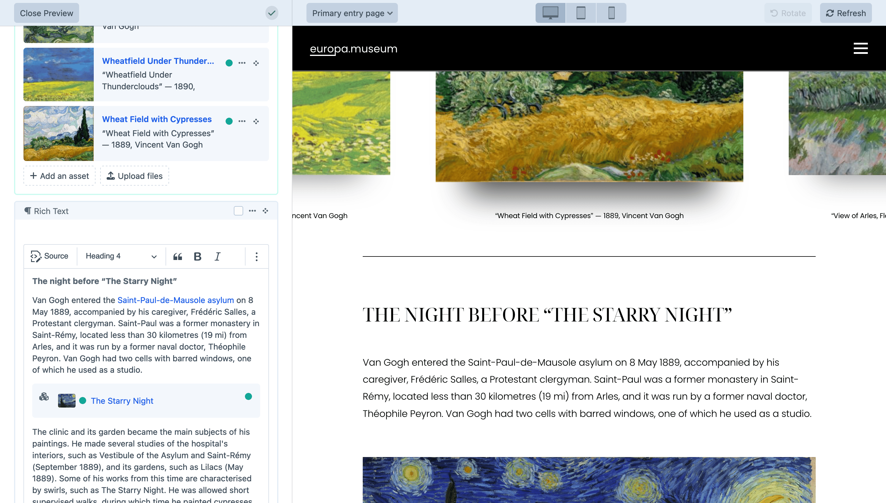 Craft 5 Live Preview mit Text- und Bildbearbeitung links und der Vorschau des Europa-Demoprojekts rechts.