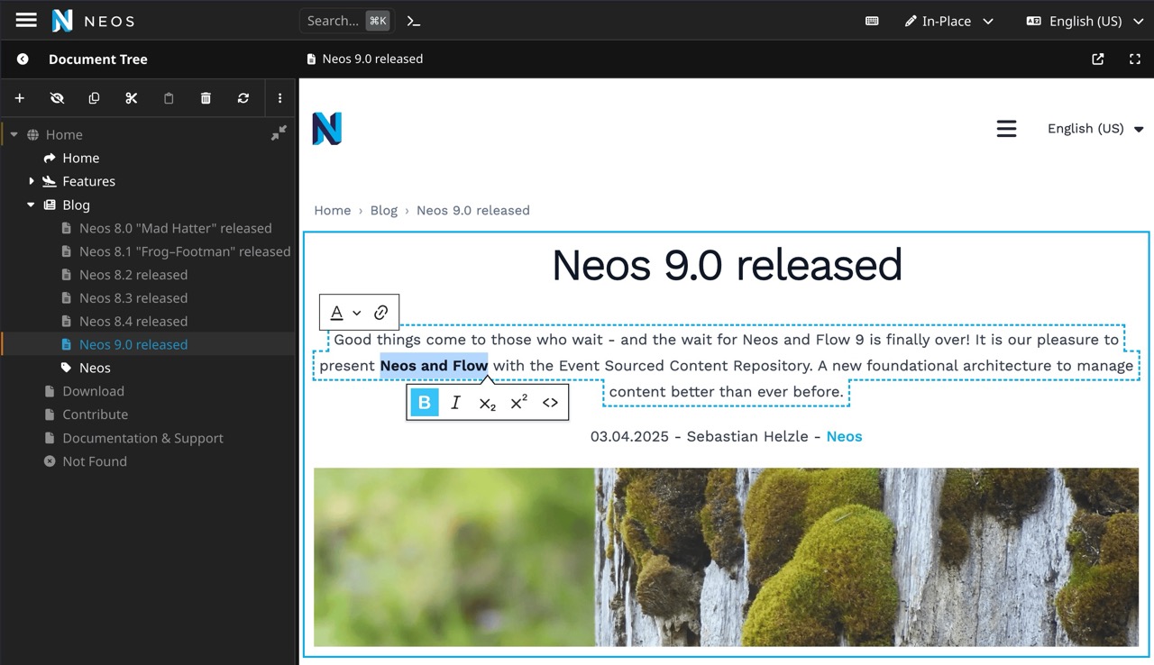 Neos 9.1 Inline-Editing: Ein Absatz wird direkt in der Seitenansicht markiert und formatiert; links steht der Seitenbaum.