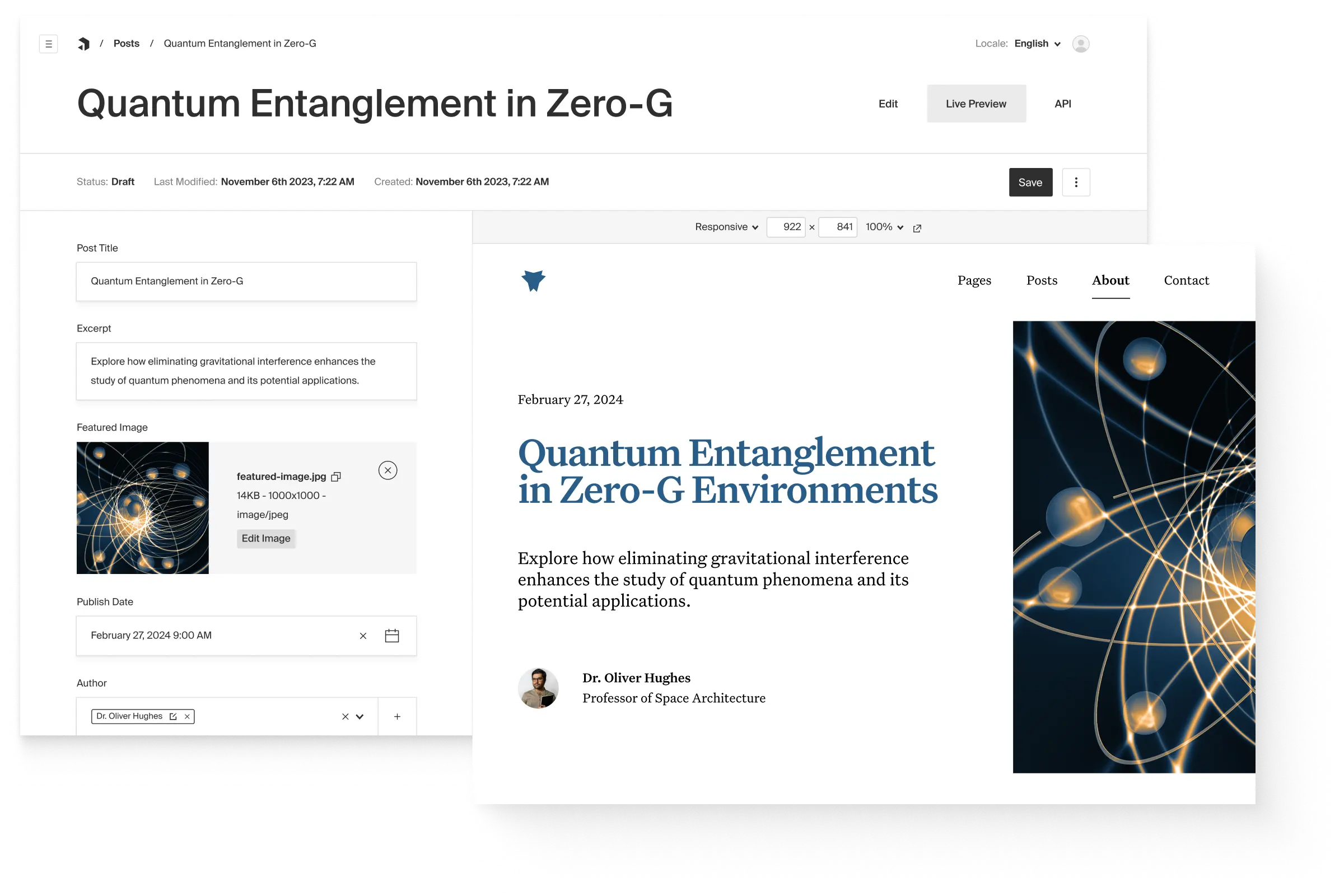 Official Payload demo with article fields on the left and the corresponding website preview on the right.
