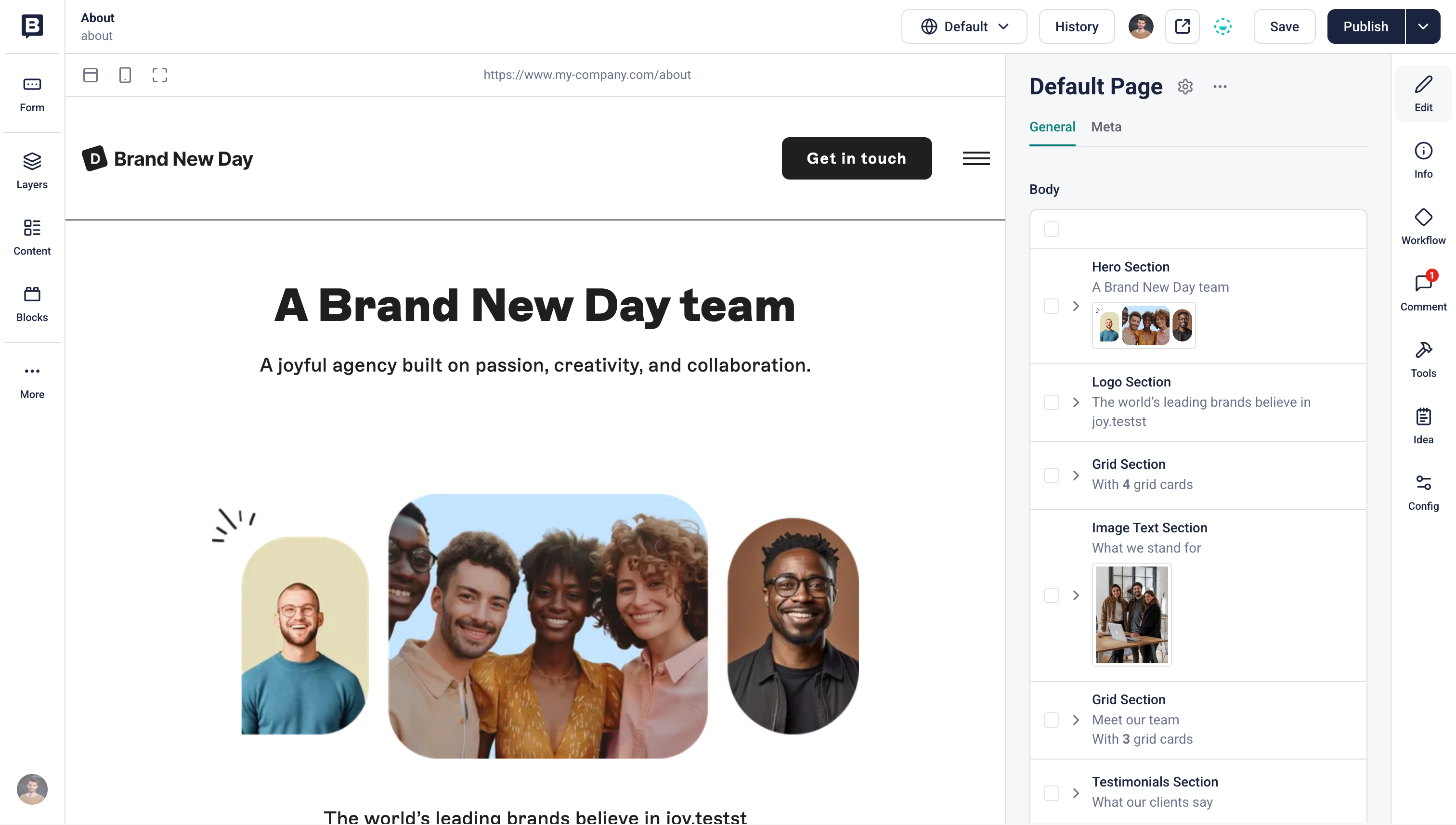 Storyblok Visual Editor with the website preview on the left and editable content blocks on the right.