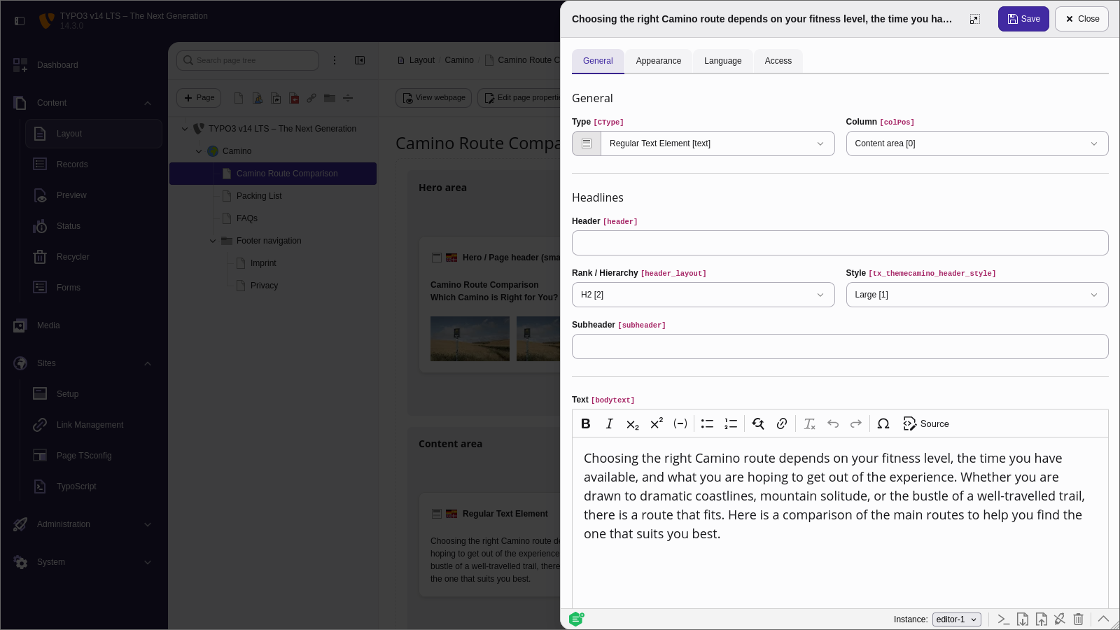TYPO3 14.3: Kontextpanel neben den Seiteninhalten.