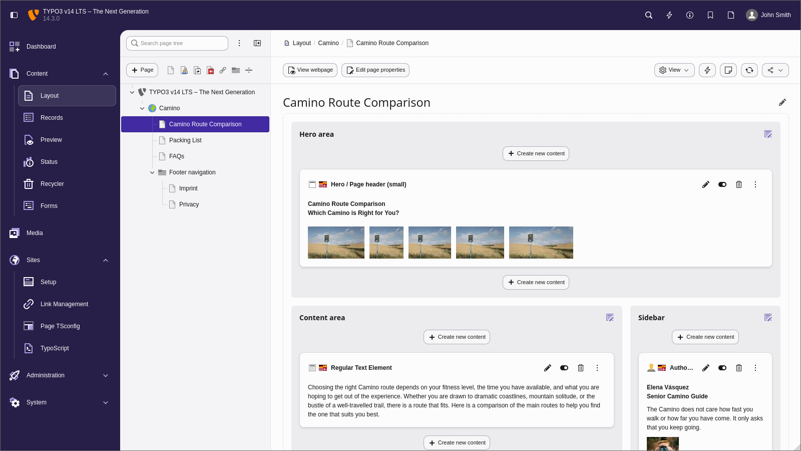 TYPO3 14.3 LTS: page tree and structured content areas in the Layout view.